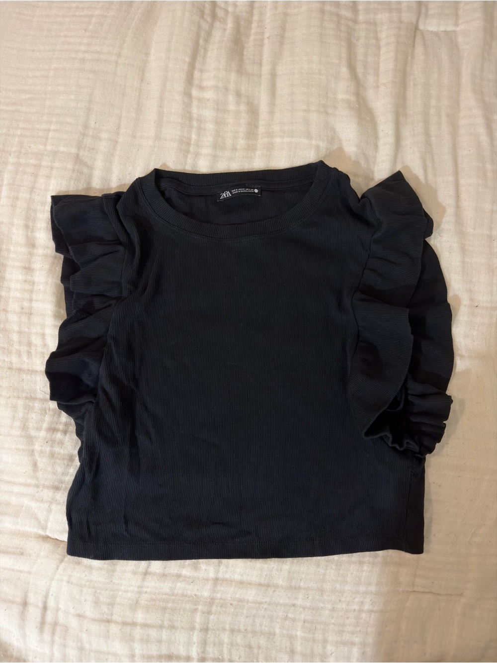 Zara Black Ruffle Sleeve Short Sleeve Tee